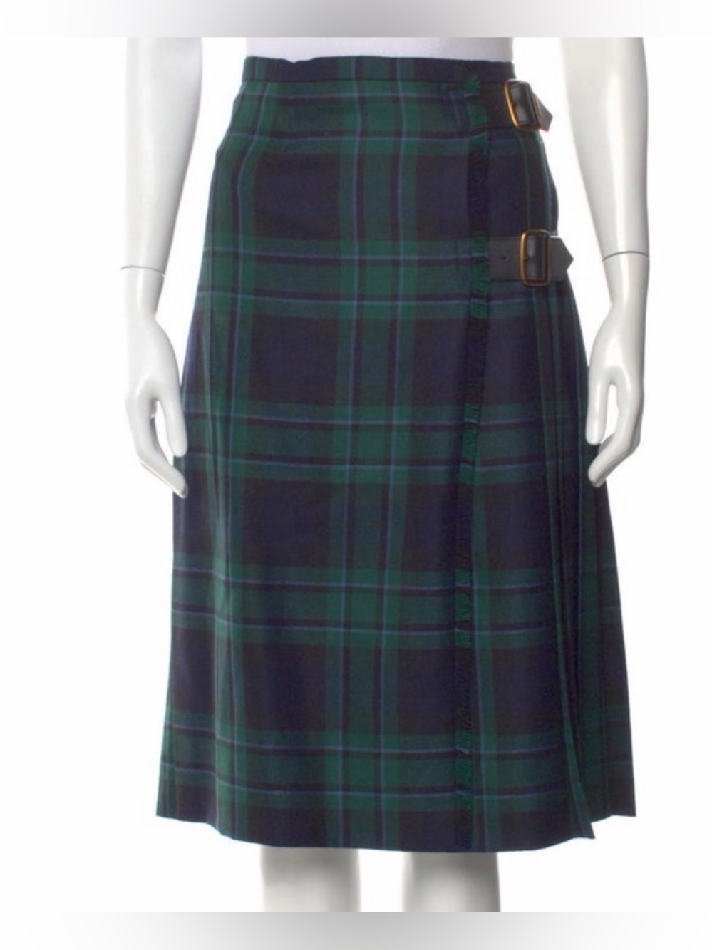 Burberry Wool Kilt Wrap Skirt Blue Green Plaid Pleated Midi Size 4 IT 38